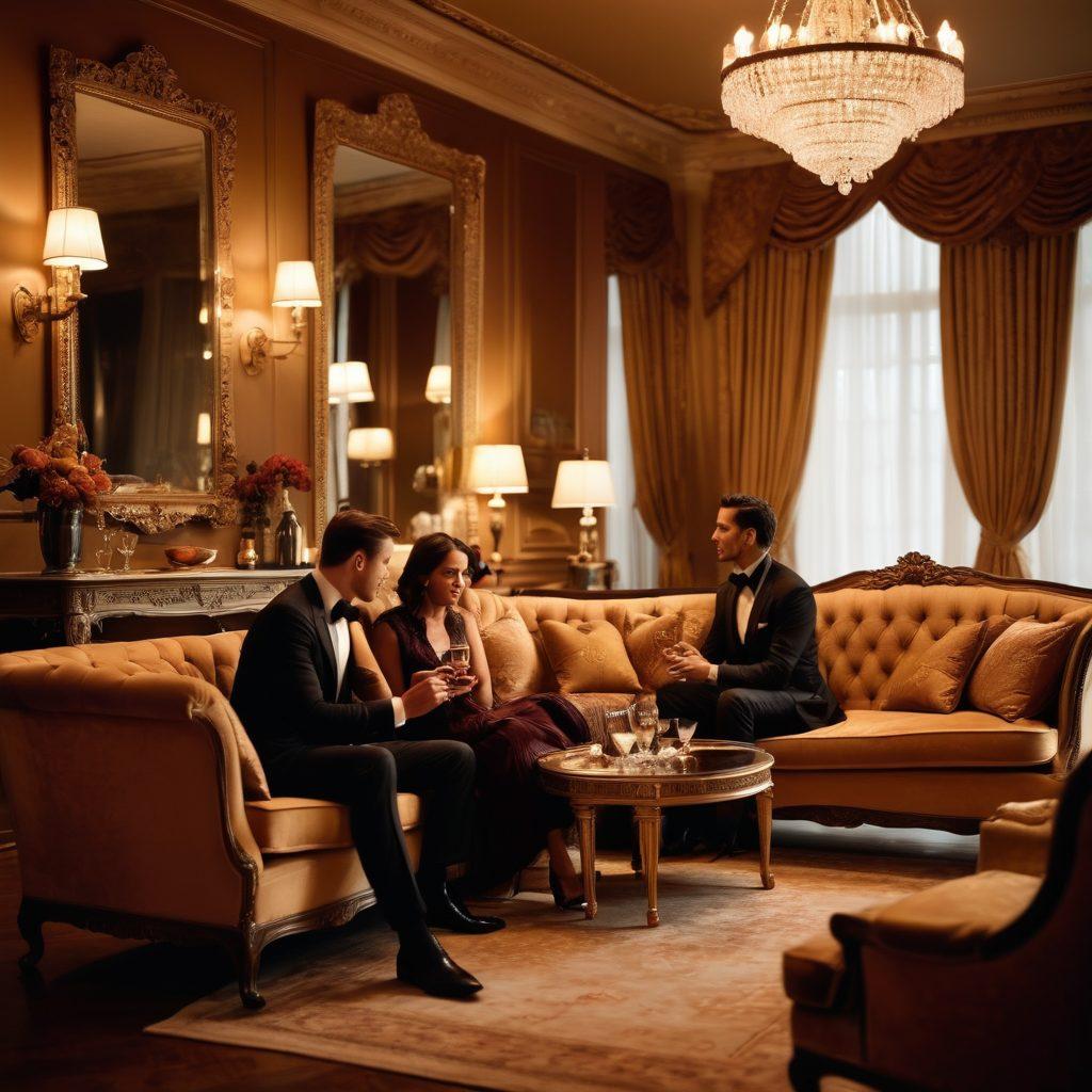 A luxurious, dimly lit lounge adorned with plush furnishings and ambient lighting, featuring an elegantly dressed couple enjoying a private moment. Exotic decor elements like ornate mirrors and soft drapes create an intimate atmosphere, while a tantalizing cocktail rests on a table nearby. In the background, silhouettes of people engaging in various adult amusements add depth to the scene, suggesting allure and excitement. super-realistic. warm tones. soft focus.